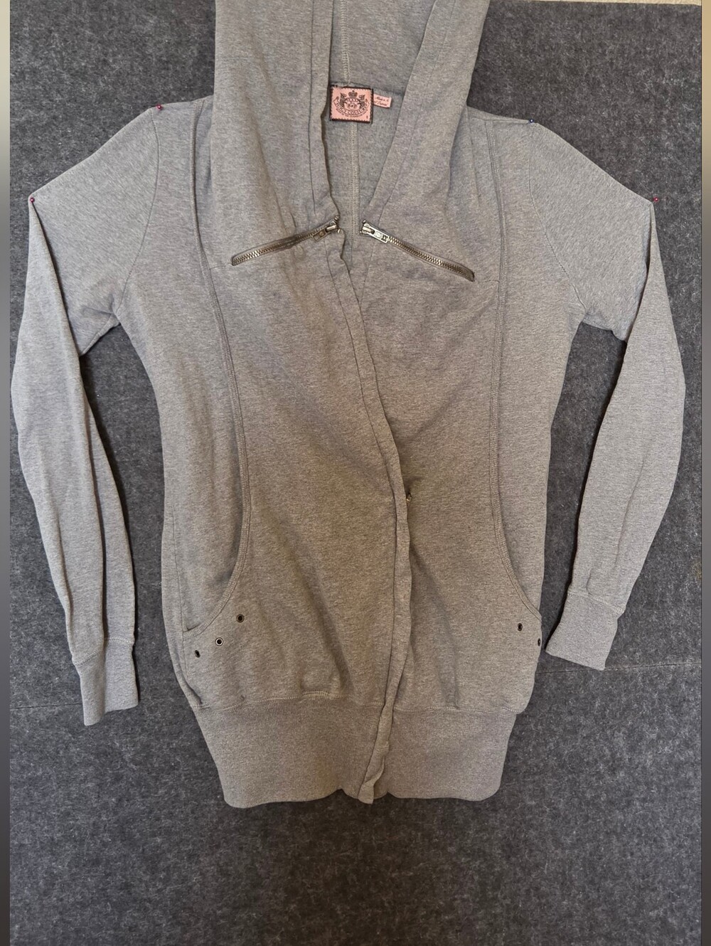 Vintage Juicy Couture Gray Hooded Half Zip Jacket With Zipper And Grommet Detail